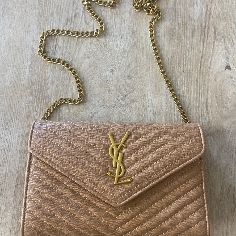 Quilted Crossbody Bag in Tan Gold Chain